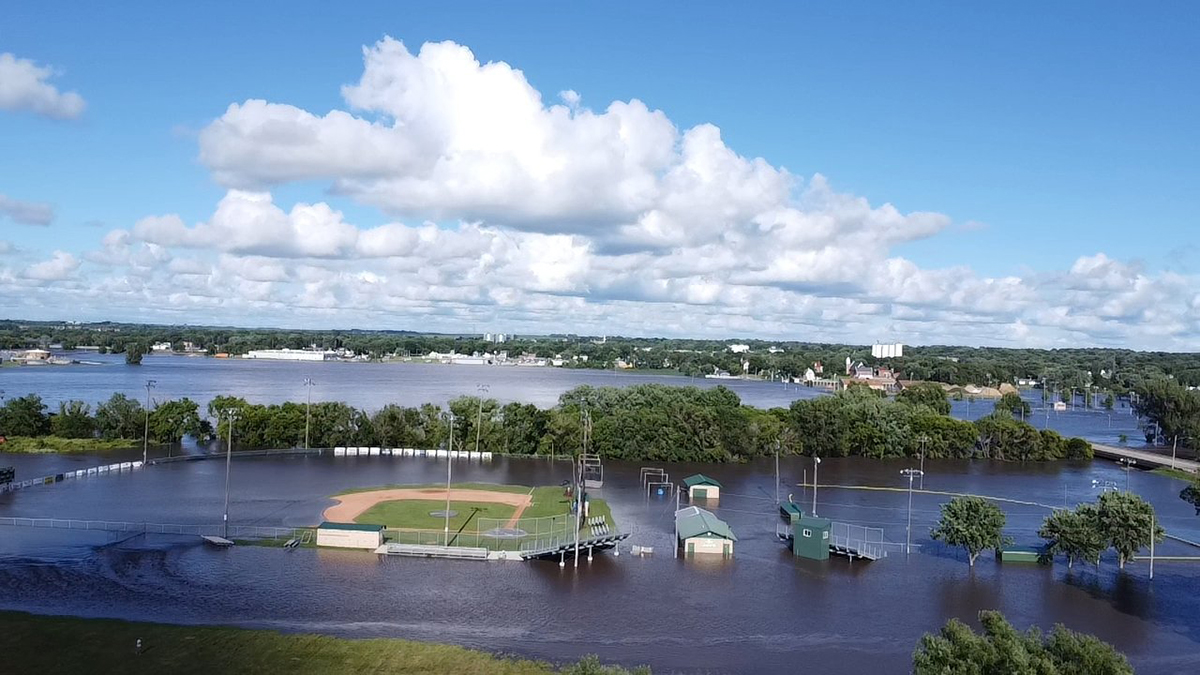 The Gehlen Catholic School softball and baseball field complex in Le Mars, Iowa, was underwater June 24. Numerous communities throughout the 24 counties of the Diocese of Sioux City in northwestern Iowa were affected by historic flooding due to heavy rains beginning in mid-June.
